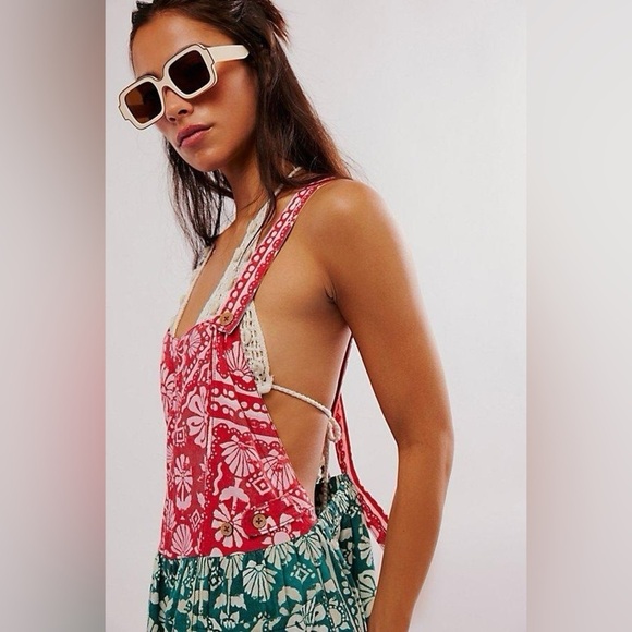 New! Free People Palm Bay Hawaiian Printed Shortalls Romper 🌊🐚 Large - Picture 3 of 6